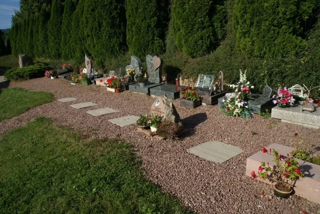 Allée de cimetière avec monuments funéraires fleuris et entretenus - Nos Monuments Claudepierre